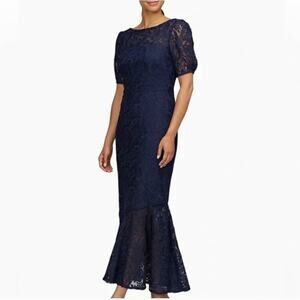 Kay Unger Portia Tea Length Midi Dress in Midnight Blue Size 6